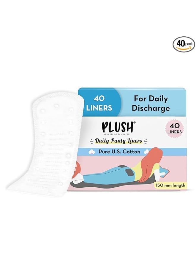 Plush Ultra Thin Panty Liners For Women Daily Use, 40 Liners 155mm | Pure US Cotton Liner Pads For Rash Free Periods | Soft Cotton Surface For Comfort On Non-Period Days | No Toxins & Paraben Free - Image 1