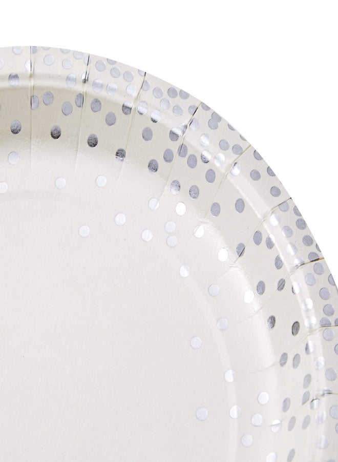 Juvale 150-Piece Polka Dot Disposable Dinnerware Set - White & Silver - Includes 50 9In Dinner & 50 7In Appetizer Plates, 50 Paper Cups - Silver Foil Accents - For Birthday & Wedding Party Supplies - Image 5