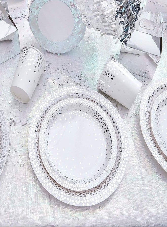 Juvale 150-Piece Polka Dot Disposable Dinnerware Set - White & Silver - Includes 50 9In Dinner & 50 7In Appetizer Plates, 50 Paper Cups - Silver Foil Accents - For Birthday & Wedding Party Supplies - Image 3