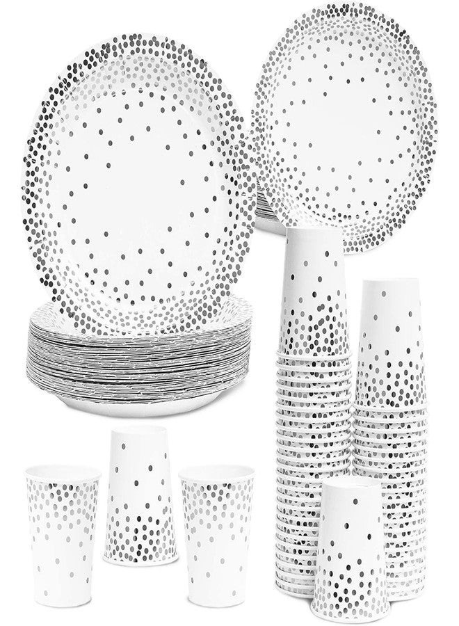 Juvale 150-Piece Polka Dot Disposable Dinnerware Set - White & Silver - Includes 50 9In Dinner & 50 7In Appetizer Plates, 50 Paper Cups - Silver Foil Accents - For Birthday & Wedding Party Supplies - Image 1
