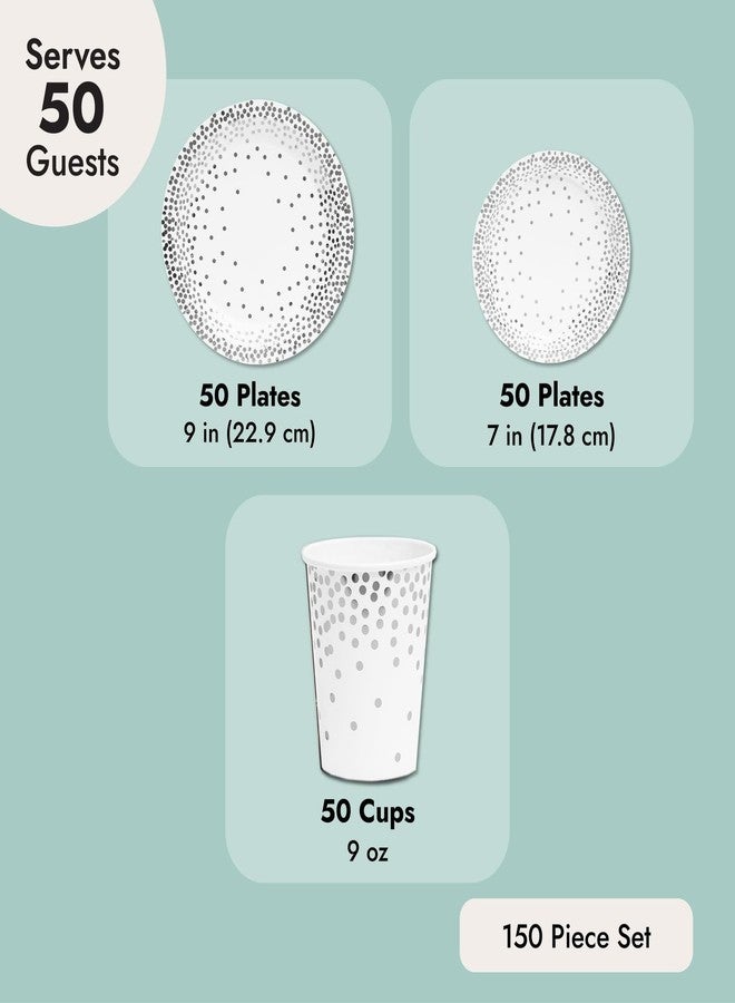 Juvale 150-Piece Polka Dot Disposable Dinnerware Set - White & Silver - Includes 50 9In Dinner & 50 7In Appetizer Plates, 50 Paper Cups - Silver Foil Accents - For Birthday & Wedding Party Supplies - Image 4