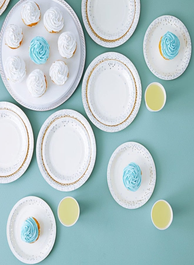 Juvale 150-Piece Polka Dot Disposable Dinnerware Set - White & Silver - Includes 50 9In Dinner & 50 7In Appetizer Plates, 50 Paper Cups - Silver Foil Accents - For Birthday & Wedding Party Supplies - Image 2