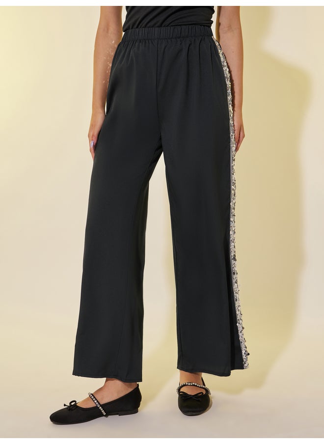 Take Two Take Two Sequin Embellished Trim Elastic Waistband Wide Leg Pants  - Image 2