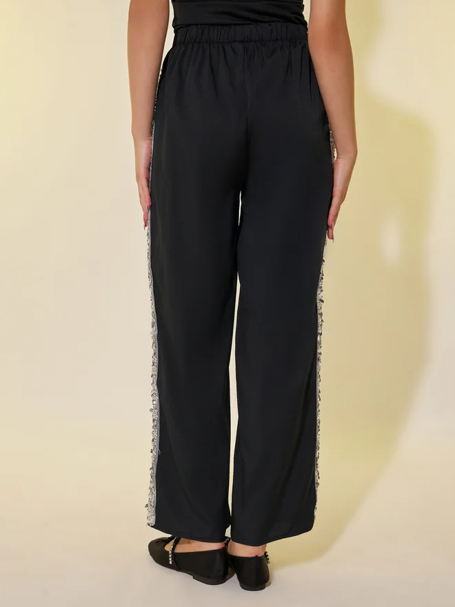 Take Two Take Two Sequin Embellished Trim Elastic Waistband Wide Leg Pants