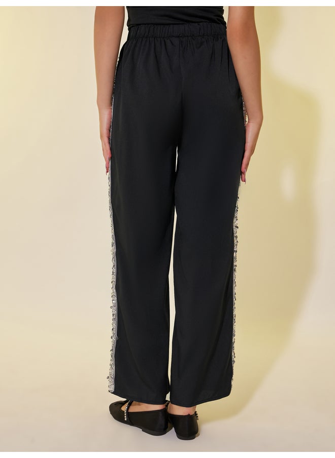 Take Two Take Two Sequin Embellished Trim Elastic Waistband Wide Leg Pants  - Image 4