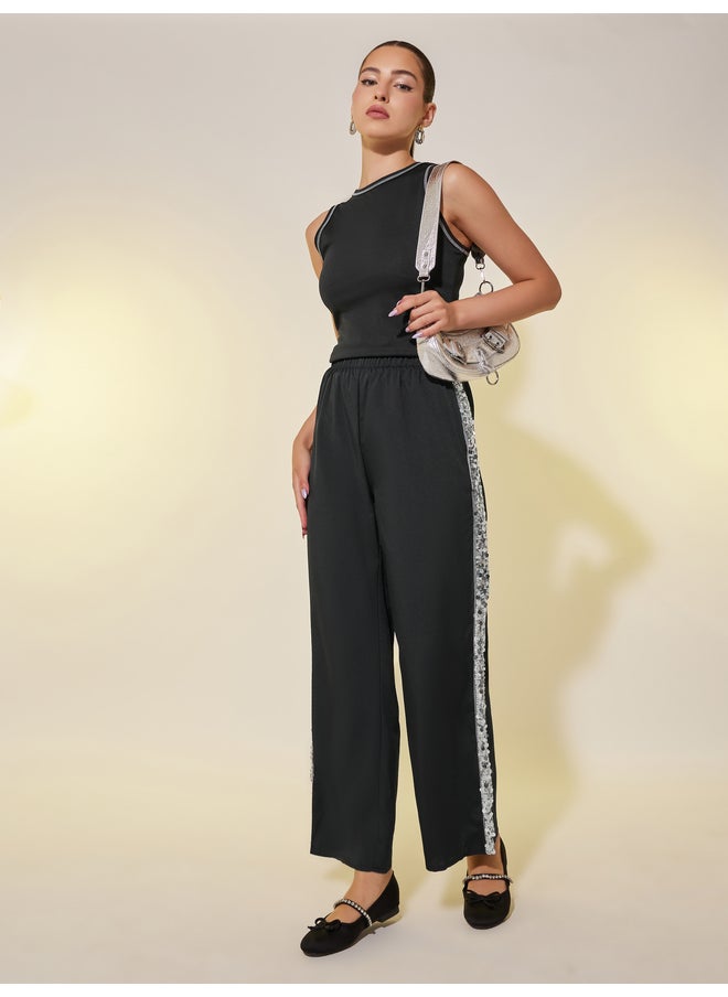 Take Two Take Two Sequin Embellished Trim Elastic Waistband Wide Leg Pants  - Image 1