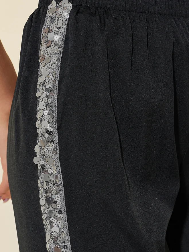 Take Two Take Two Sequin Embellished Trim Elastic Waistband Wide Leg Pants