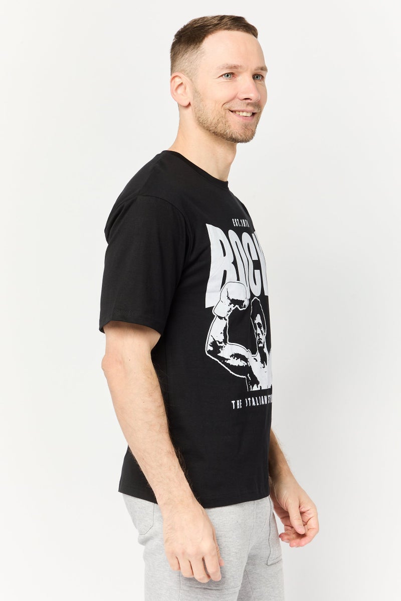 Rocky تي شيرت للرجال بأكمام قصيرة وياقة دائرية بشعار العلامة التجارية، أسود - Image 3