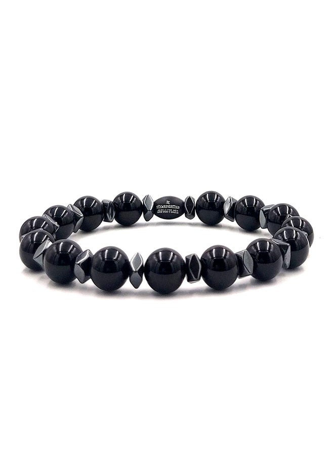 CHRYSOSTOMOS Handmade Beaded Men's Bracelet with Black Onyx and Hematite, Durable Silicone Elastic - Image 1