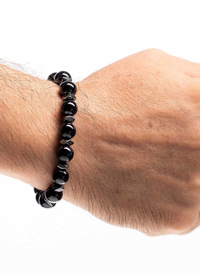 CHRYSOSTOMOS Handmade Beaded Men's Bracelet with Black Onyx and Hematite, Durable Silicone Elastic - Image 3