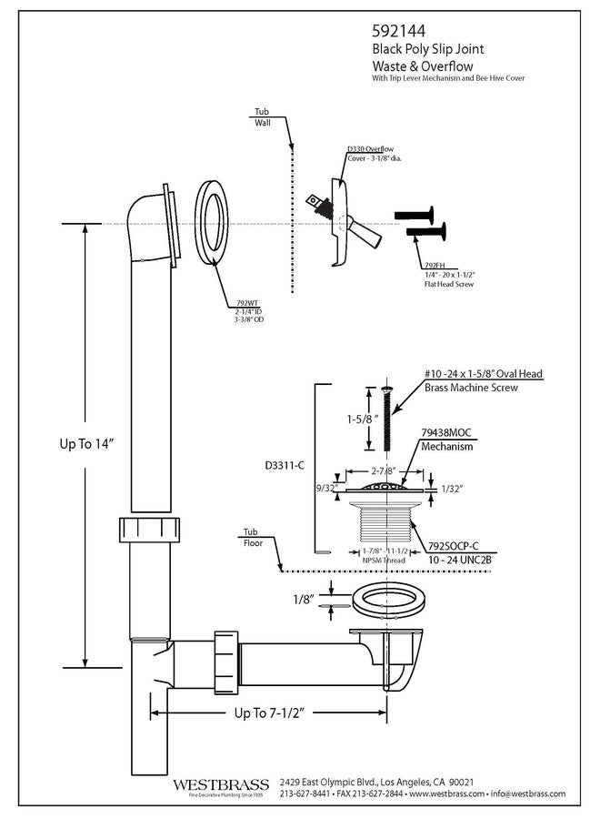 ويست براس مجموعة تصريف نفايات الحمام الأنبوبية المصنوعة من البوليستر الأسود مقاس 1-1/2 بوصة × 14 بوصة من Westbrass A592144-20 مع ذراع فصل وغطاء تصريف شبكي من الفولاذ المقاوم للصدأ - Image 2