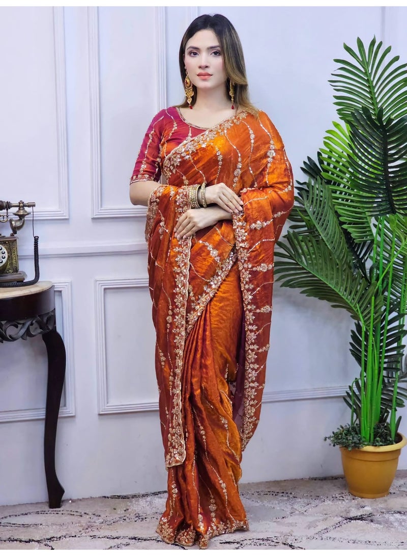 Orange colour bridal partywear heavy beads work saree - Image 2