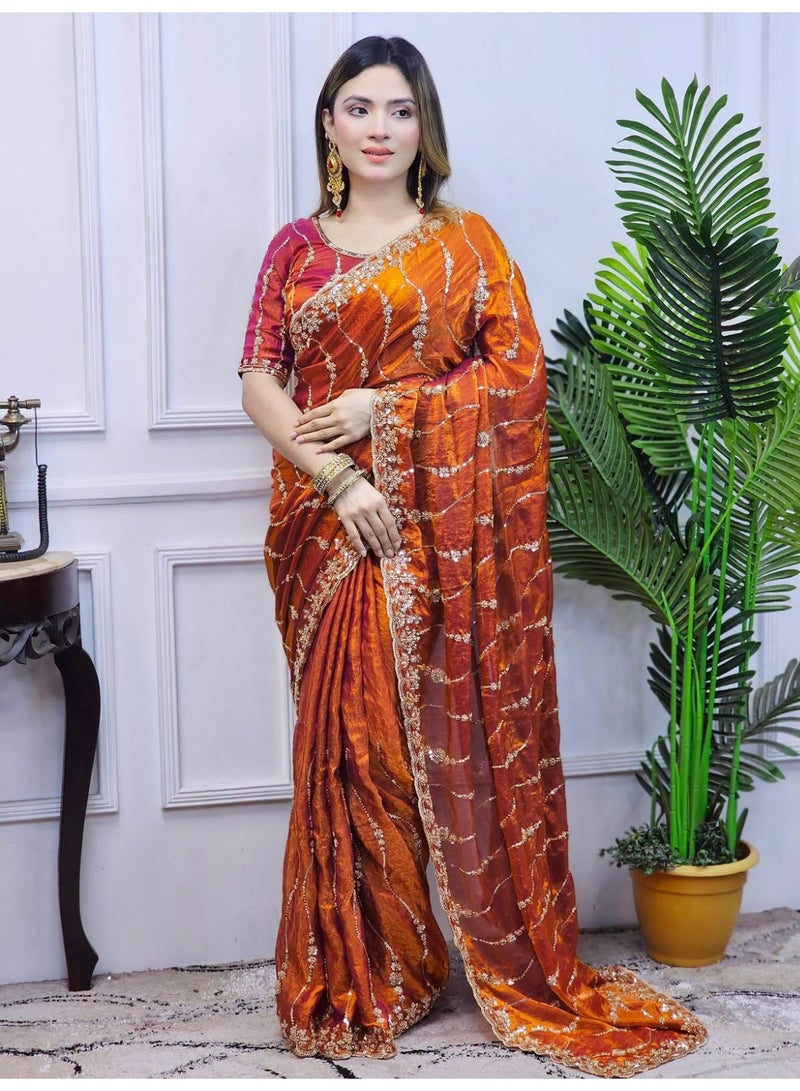 Orange colour bridal partywear heavy beads work saree - Image 1