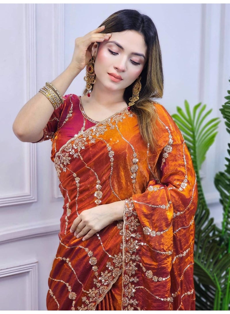 Orange colour bridal partywear heavy beads work saree - Image 5