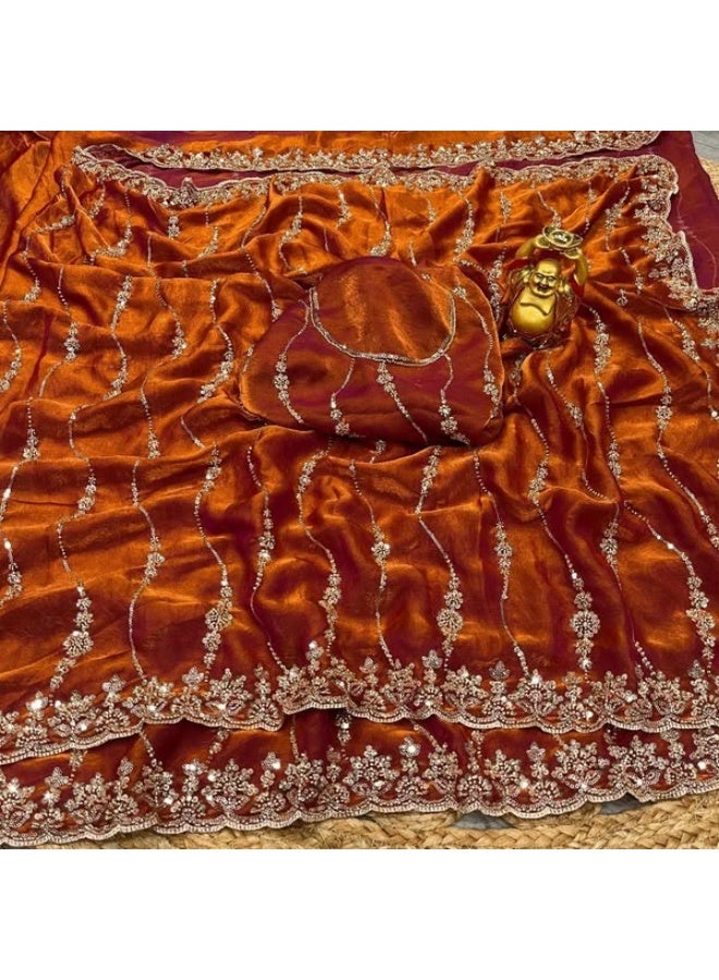 Orange colour bridal partywear heavy beads work saree - Image 3