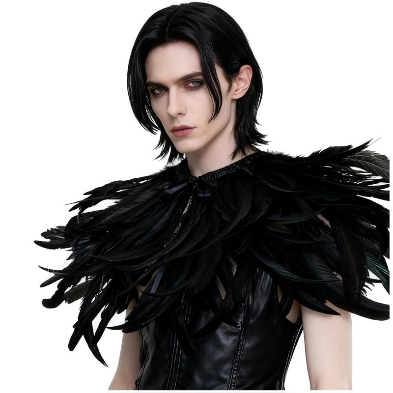 L'VOW Gothic Black Feather Shrug Cape Shawl Halloween Costume for Men (Style -04) - Image 2