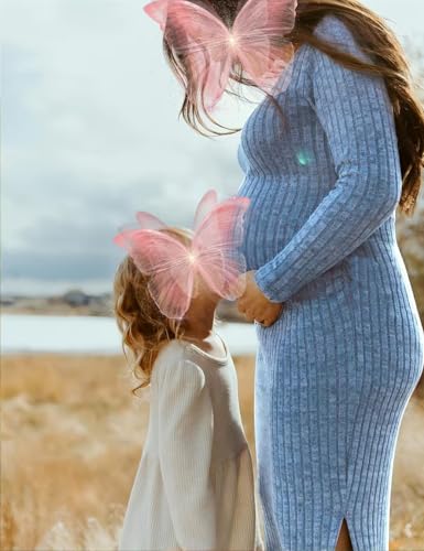 LAHILO Long Sleeve Maternity Sweater Dress for Fall Winter Baby Shower & Photoshoot - Women's Pregnancy Maternity Dresses Sky Blue - Image 3