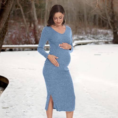 LAHILO Long Sleeve Maternity Sweater Dress for Fall Winter Baby Shower & Photoshoot - Women's Pregnancy Maternity Dresses Sky Blue - Image 5