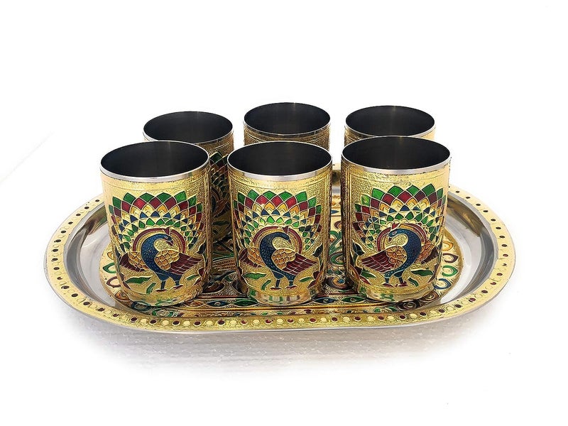 Dhavl Stainless Steel Handmade Meenakari Peacock Design Golden Glass and Tray Decorative Glass and Tray Set of 6 Pcs Glass with Tray for Home and kichen Set of 6 Glass with SS Tray - Image 3