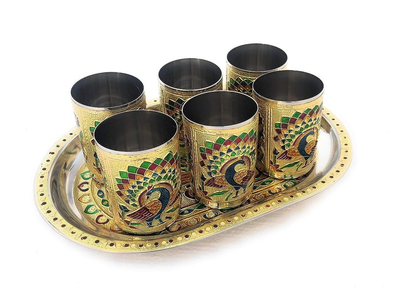 Dhavl Stainless Steel Handmade Meenakari Peacock Design Golden Glass and Tray Decorative Glass and Tray Set of 6 Pcs Glass with Tray for Home and kichen Set of 6 Glass with SS Tray - Image 2