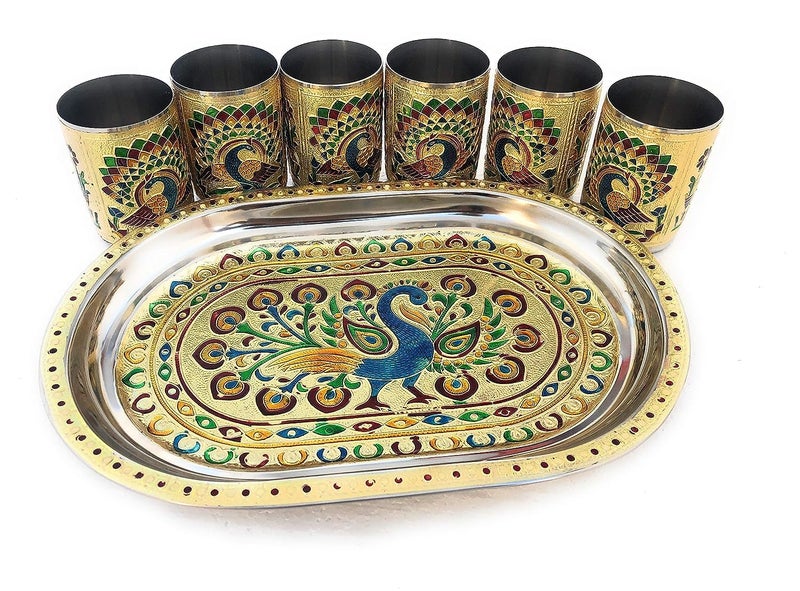 Dhavl Stainless Steel Handmade Meenakari Peacock Design Golden Glass and Tray Decorative Glass and Tray Set of 6 Pcs Glass with Tray for Home and kichen Set of 6 Glass with SS Tray - Image 1