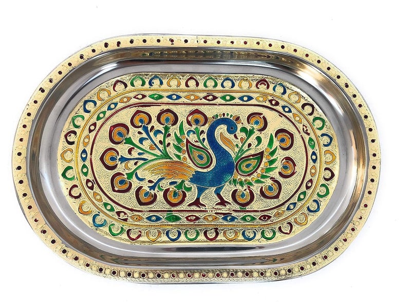 Dhavl Stainless Steel Handmade Meenakari Peacock Design Golden Glass and Tray Decorative Glass and Tray Set of 6 Pcs Glass with Tray for Home and kichen Set of 6 Glass with SS Tray - Image 5