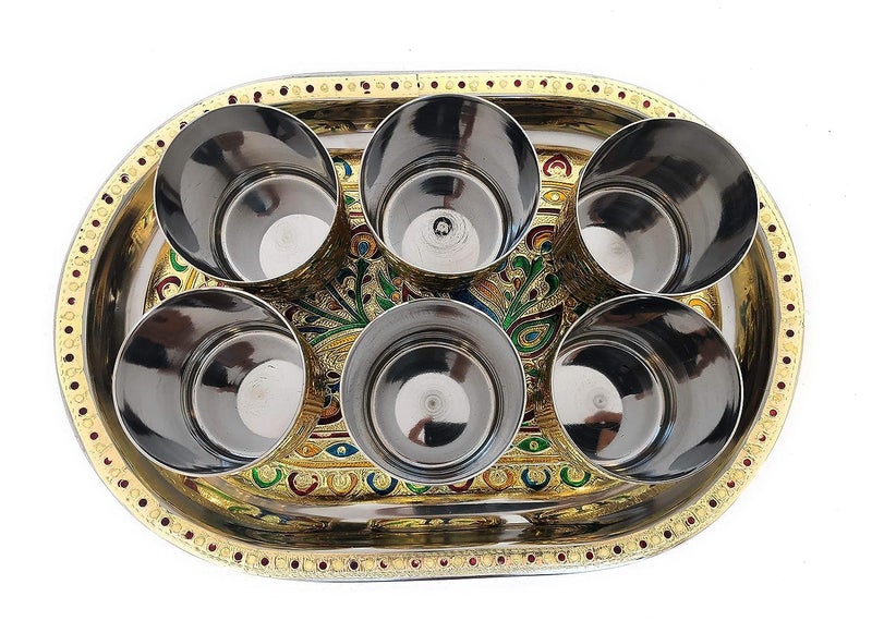 Dhavl Stainless Steel Handmade Meenakari Peacock Design Golden Glass and Tray Decorative Glass and Tray Set of 6 Pcs Glass with Tray for Home and kichen Set of 6 Glass with SS Tray - Image 4