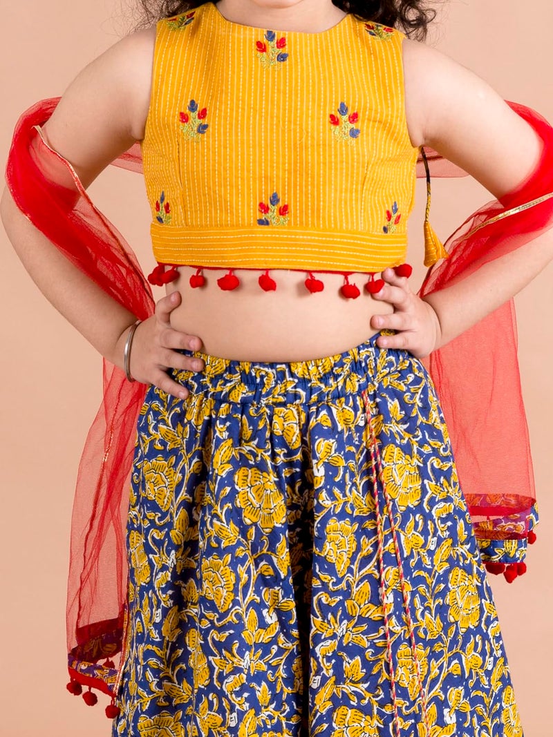 Pspeaches Girls Navy Blue Yellow Cotton Ready To Wear Lehenga Blouse With Dupatta (Blue-3-4Y) - Image 2