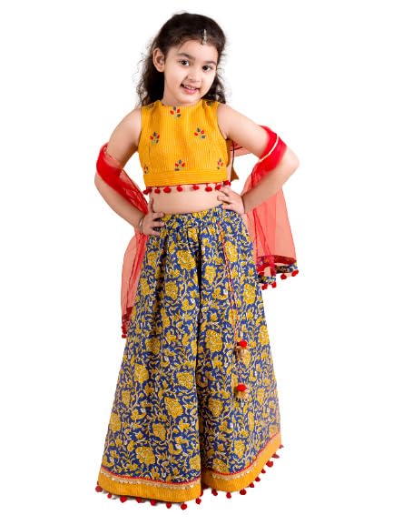 Pspeaches Girls Navy Blue Yellow Cotton Ready To Wear Lehenga Blouse With Dupatta (Blue-3-4Y) - Image 1