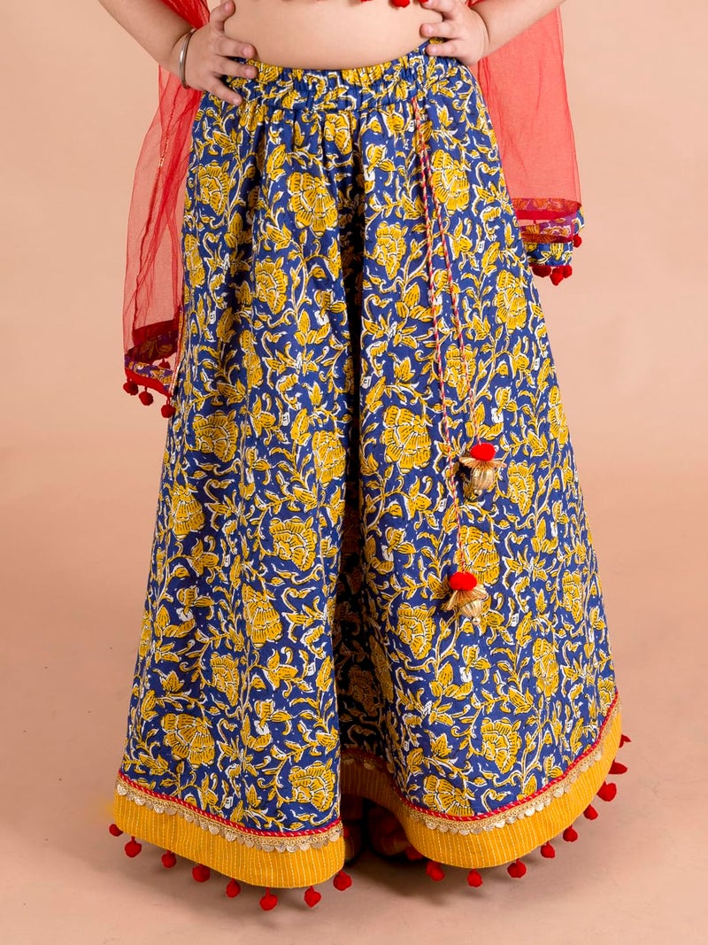 Pspeaches Girls Navy Blue Yellow Cotton Ready To Wear Lehenga Blouse With Dupatta (Blue-3-4Y) - Image 3