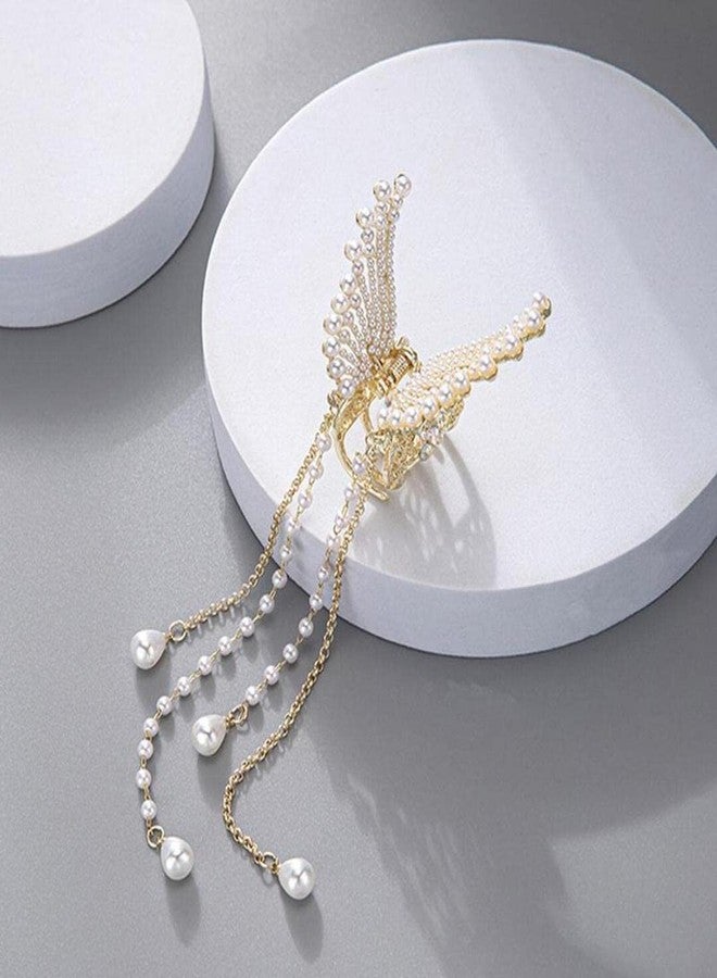 Ublic Korean Style Pearl Metal Hair Clutcher Golden Butterfly with tussle hair Claw Clip Hair Accessories For Women Wedding, 1 Pieces. - Image 5