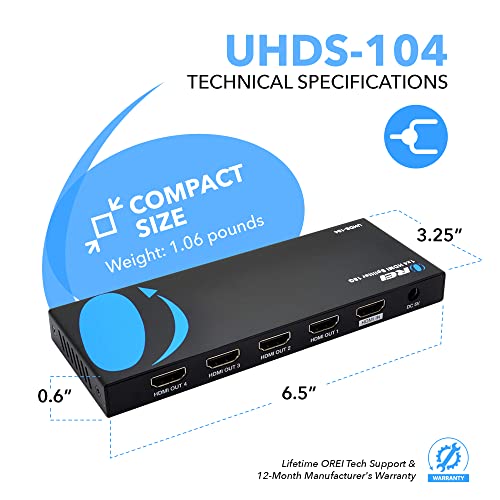 OREI UltraHD 4K @ 60 هرتز 1 X 4 مقسم HDMI 1 في 4 خارج 4 منافذ 4: 8-بت - HDMI 2.0، HDCP 2.0، 18 جيجابت في الثانية، EDID، تكرار / مرآة شاشات 4K - UHDS-104 - Image 5