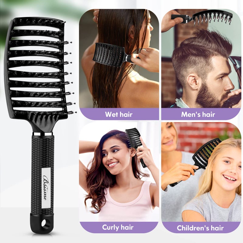 Bsisme Hair Brush, Boar Bristle Hair Brush Faster Blow Drying, Professional Curved Vent Styling Hair Brushes for Women Men Kids, Paddle Detangler Brush for Wet Dry Curly Thick Thin Hair (Black) - Image 4