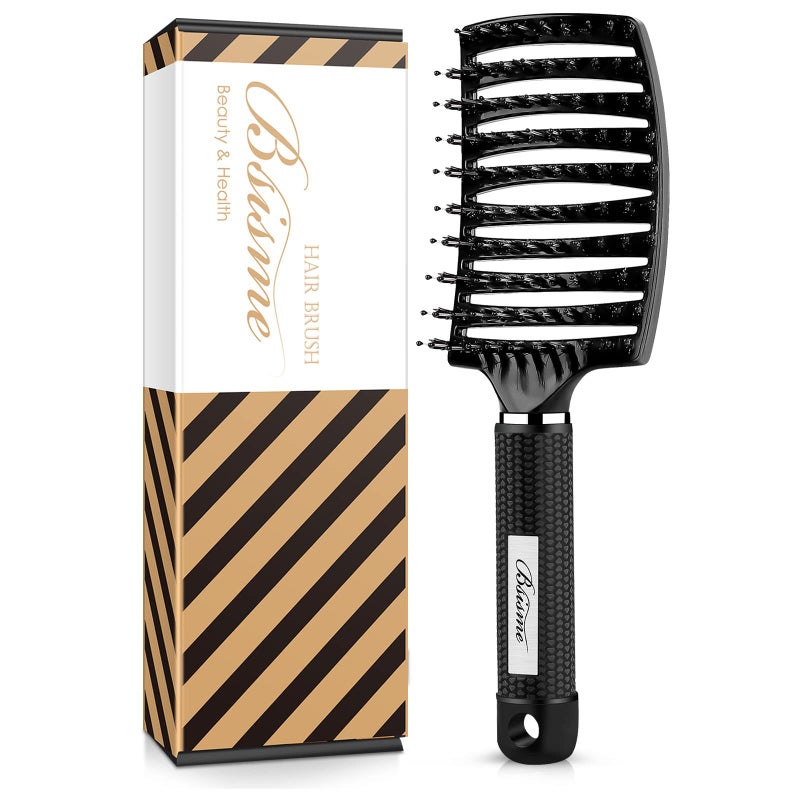 Bsisme Hair Brush, Boar Bristle Hair Brush Faster Blow Drying, Professional Curved Vent Styling Hair Brushes for Women Men Kids, Paddle Detangler Brush for Wet Dry Curly Thick Thin Hair (Black) - Image 1