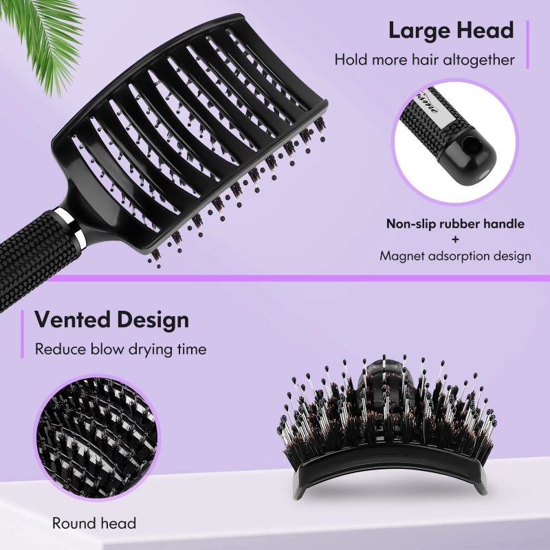 Bsisme Hair Brush, Boar Bristle Hair Brush Faster Blow Drying, Professional Curved Vent Styling Hair Brushes for Women Men Kids, Paddle Detangler Brush for Wet Dry Curly Thick Thin Hair (Black) - Image 2