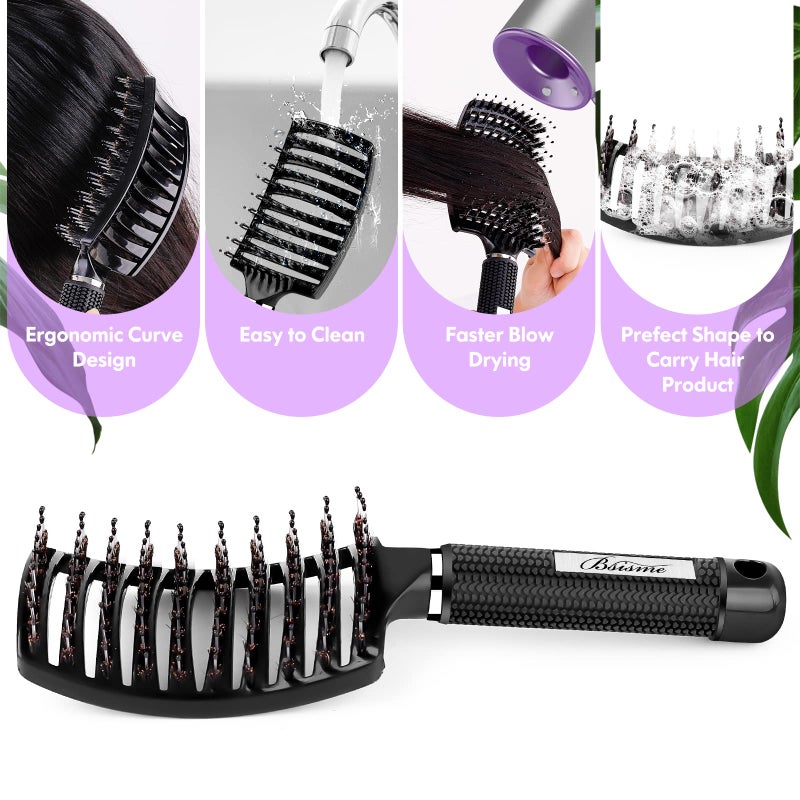 Bsisme Hair Brush, Boar Bristle Hair Brush Faster Blow Drying, Professional Curved Vent Styling Hair Brushes for Women Men Kids, Paddle Detangler Brush for Wet Dry Curly Thick Thin Hair (Black) - Image 5