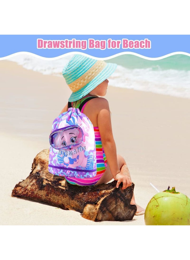 SOLARAE Drawstring Bag Kids Swimming Bag, Waterproof Lightweight String Bag For Outdoor Yoga Gym Swimming Travel with Zippered Pocket Shoe Compartment Sports Gym PE Beach Bag for Girls - Image 4