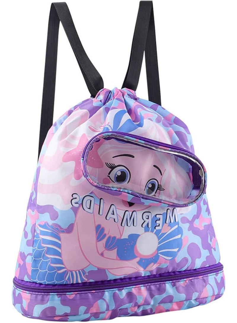 SOLARAE Drawstring Bag Kids Swimming Bag, Waterproof Lightweight String Bag For Outdoor Yoga Gym Swimming Travel with Zippered Pocket Shoe Compartment Sports Gym PE Beach Bag for Girls - Image 1