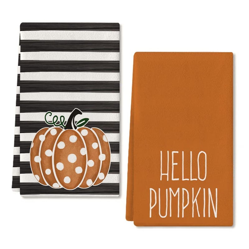 ARKENY Hello Pumpkin Fall Kitchen Towels Set of 2Orange Polka dot Stripes Autumn Dish Towels 18x26 InchFarmhouse Home Indoor Thanksgiving Harvest Seasonal Vintage Decorations AD006 - Image 2