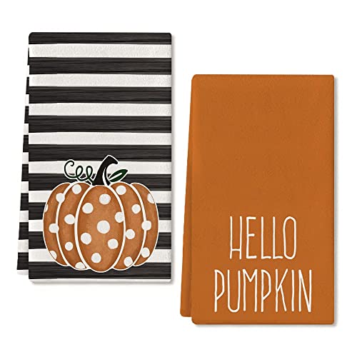 ARKENY Hello Pumpkin Fall Kitchen Towels Set of 2Orange Polka dot Stripes Autumn Dish Towels 18x26 InchFarmhouse Home Indoor Thanksgiving Harvest Seasonal Vintage Decorations AD006 - Image 1
