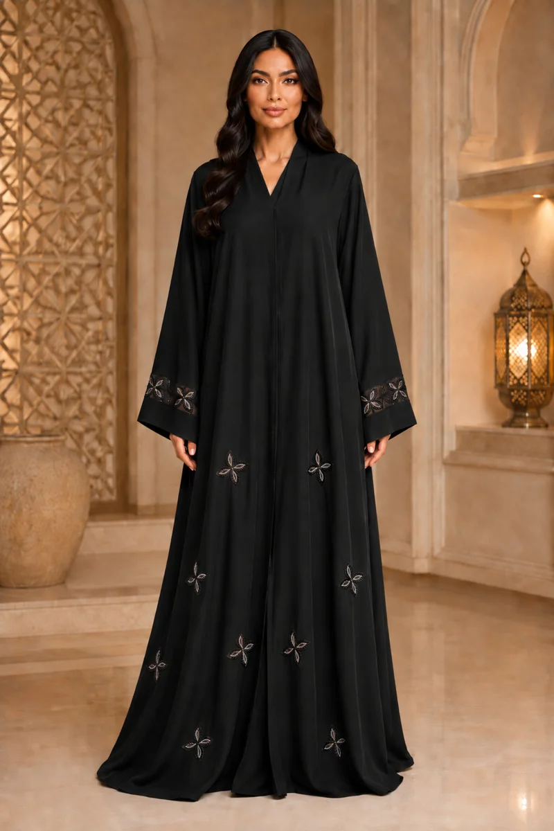 Kavalee Women's Luxury Black Abaya with Bronze Floral Bead Embroidery & Mesh Cuff Detail