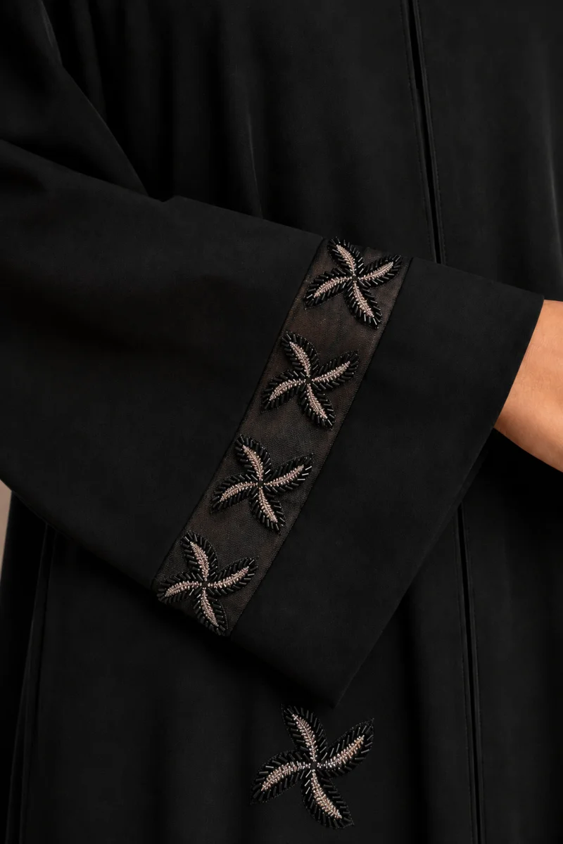 Kavalee Women's Luxury Black Abaya with Bronze Floral Bead Embroidery & Mesh Cuff Detail
