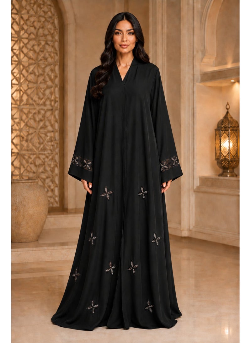 KAVALEE Women's Luxury Black Abaya with Bronze Floral Bead Embroidery & Mesh Cuff Detail - Image 1