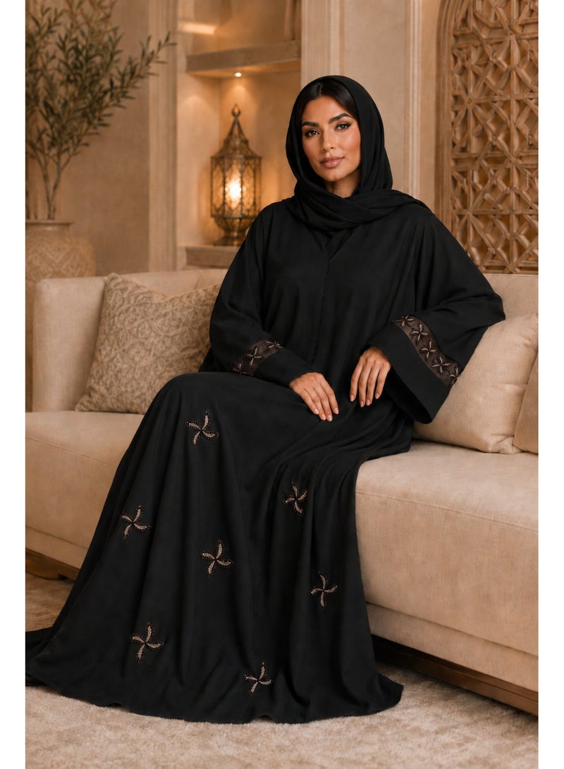 KAVALEE Women's Luxury Black Abaya with Bronze Floral Bead Embroidery & Mesh Cuff Detail - Image 3