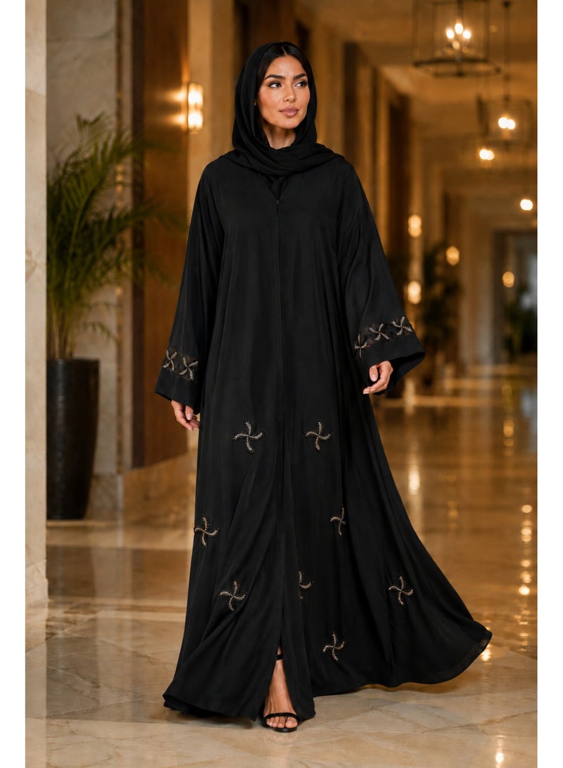 KAVALEE Women's Luxury Black Abaya with Bronze Floral Bead Embroidery & Mesh Cuff Detail - Image 4