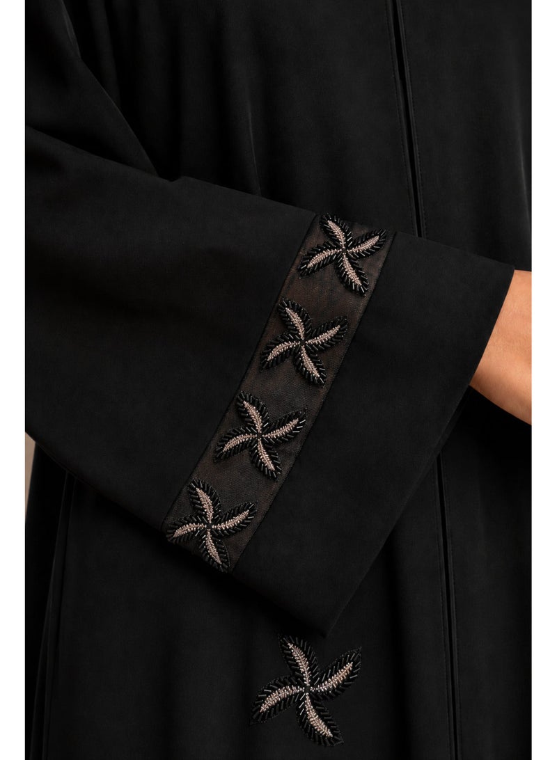 KAVALEE Women's Luxury Black Abaya with Bronze Floral Bead Embroidery & Mesh Cuff Detail - Image 2