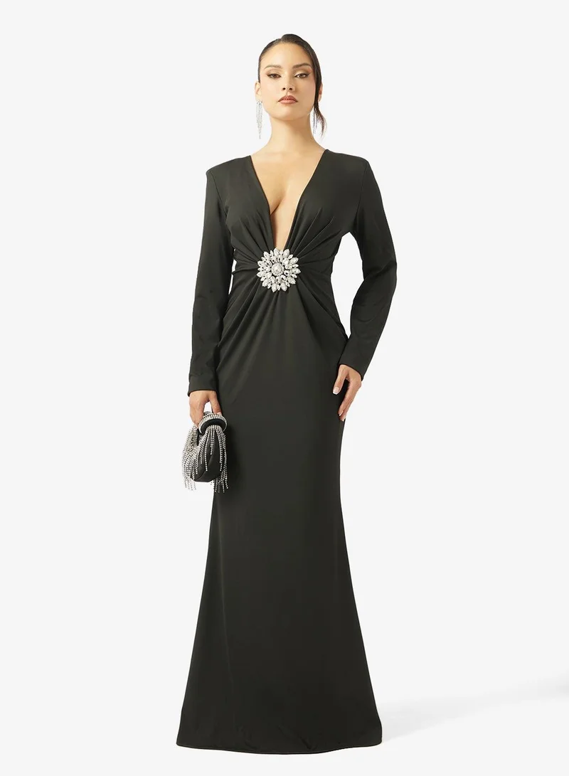 Ginger Boutique  Plunge Neck Jewel Embellished Draped Dress for Women | Best Price UAE