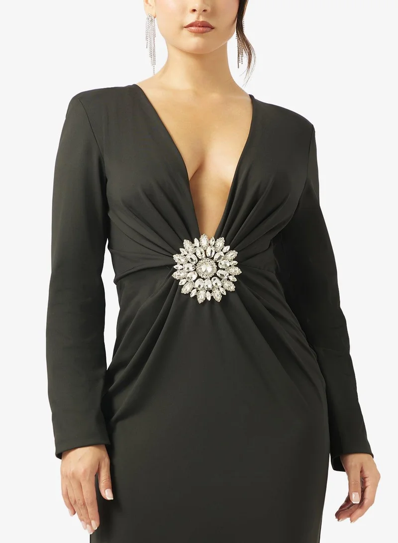 Ginger Boutique  Plunge Neck Jewel Embellished Draped Dress for Women | Best Price UAE