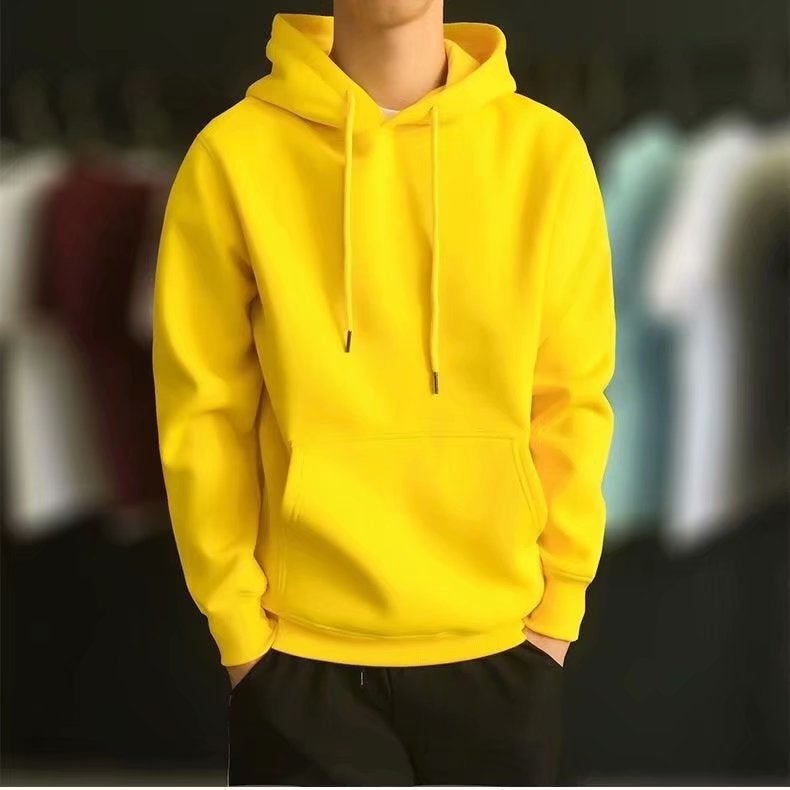 Mens Plush Hoodie Trendy Thickened Winter Coat Sweatshirt Yellow  - Image 1