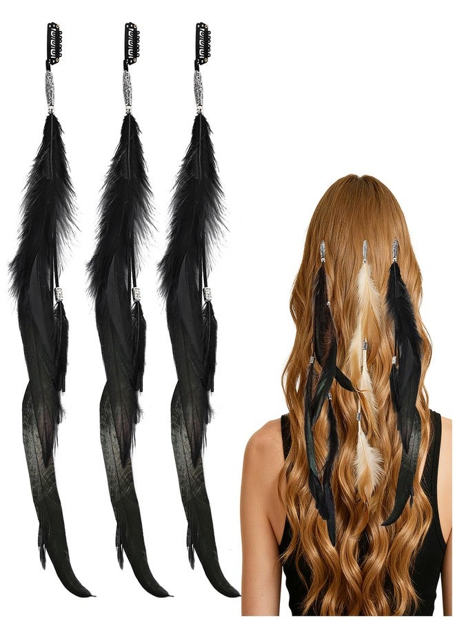 FeelfunFeather Feathers Hair Extensions for Women Boho Clip-in Hair Feather Accessories for Mardi Gras Performances Photo Shoots Carnival Party Headdress Accessory, Black (3 Pcs) - Image 1